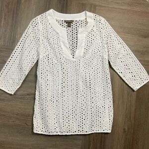 Tommy Bahama Eyelet 3/4 Sleeve Tunic Top Womens Small White Beach Boho Resort